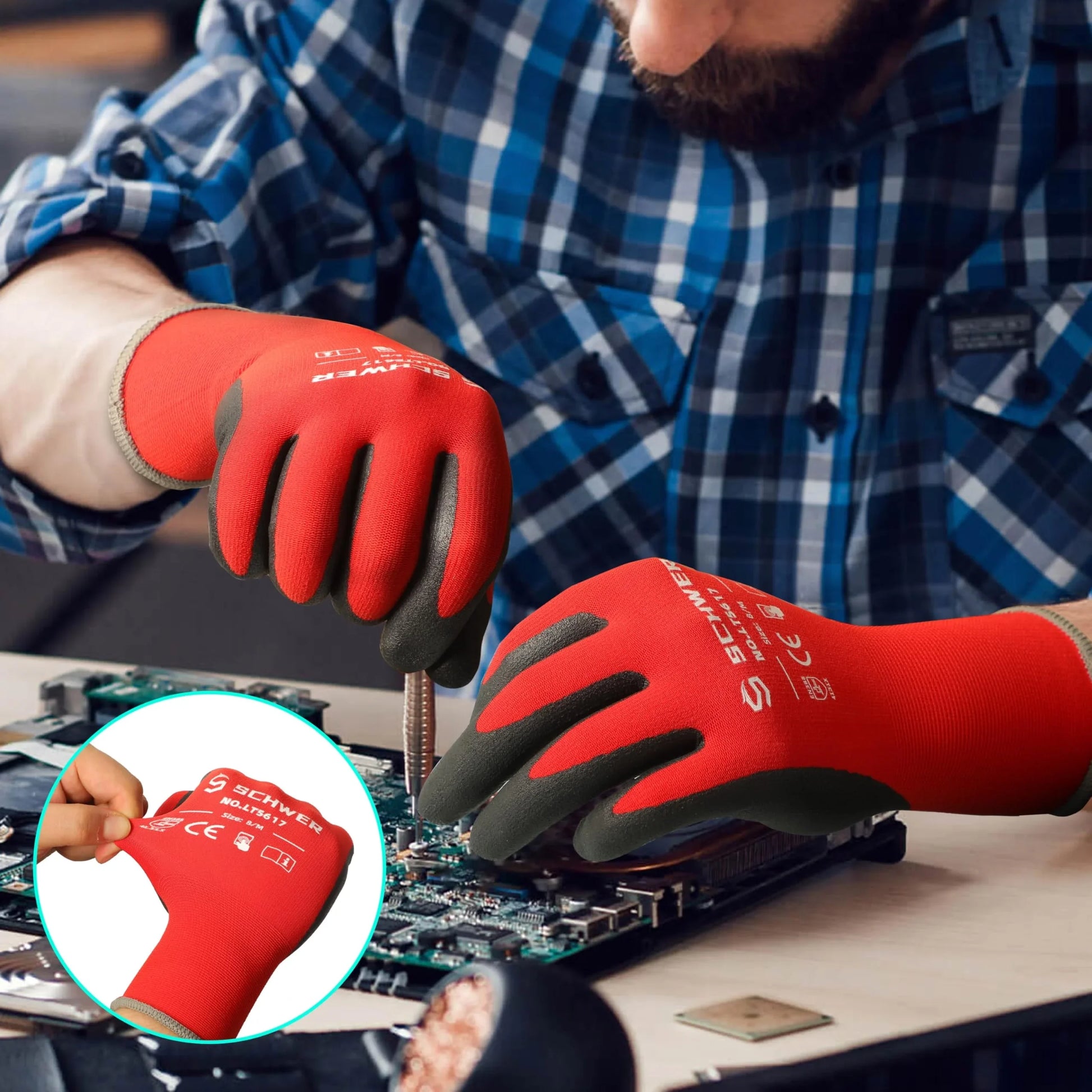 Technician wearing red and black Schwer work gloves repairing electronic circuit board with screwdriver