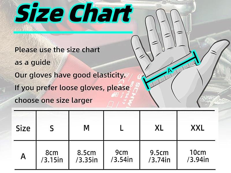 Size chart for gloves with measurement guide and text instructions.