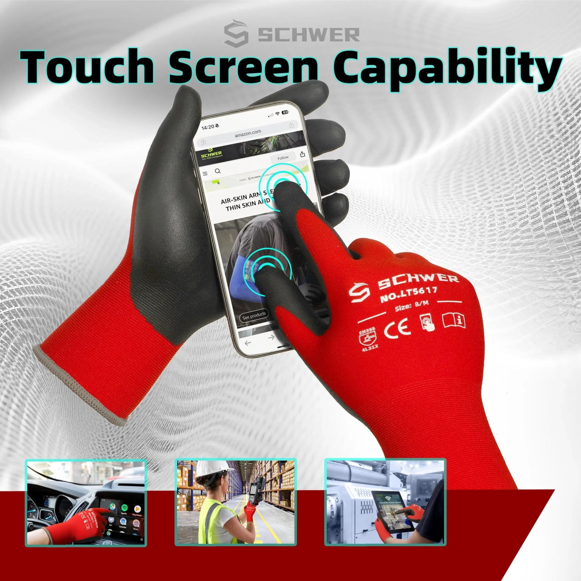 Schwer red and black safety gloves with touchscreen capability, shown interacting with smartphone