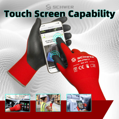 Schwer red and black safety gloves with touchscreen capability, shown interacting with smartphone