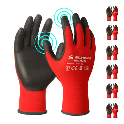 Schwer red and black cut resistant work gloves with safety certifications, shown front and back views