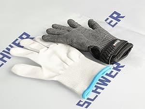 Pair of gloves with one black and one white on a gray background with 'Schweiß' branding.