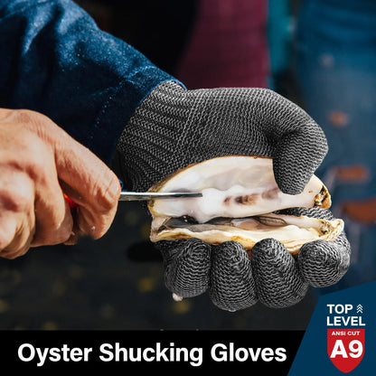 Person wearing black cut-resistant gloves shucking an oyster with a knife against a dark background