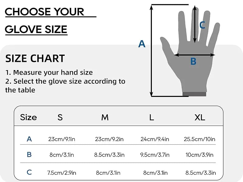 Glove size chart with measurements for different glove sizes