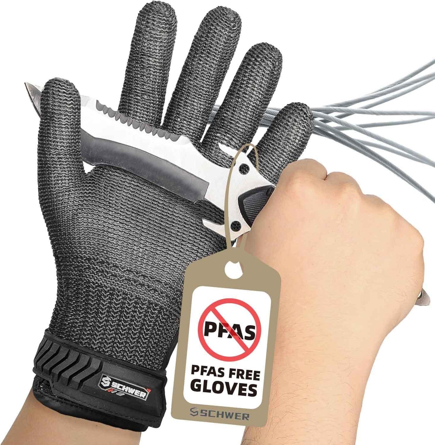 A hand wearing a black cut-resistant glove with a stainless steel mesh pattern, holding a pair of scissors and a tag indicating 'PFAS free gloves'.