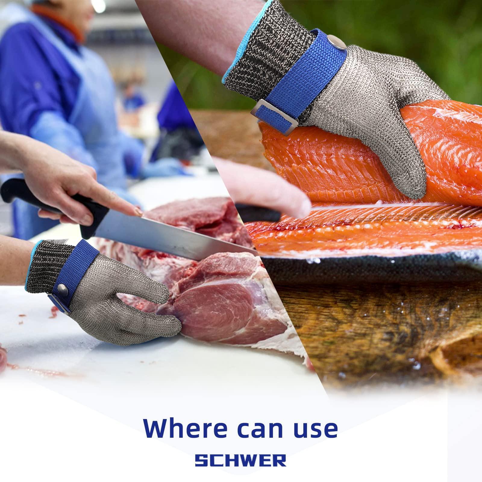 Cut-resistant gloves used for slicing raw meat and filleting fresh salmon on cutting boards