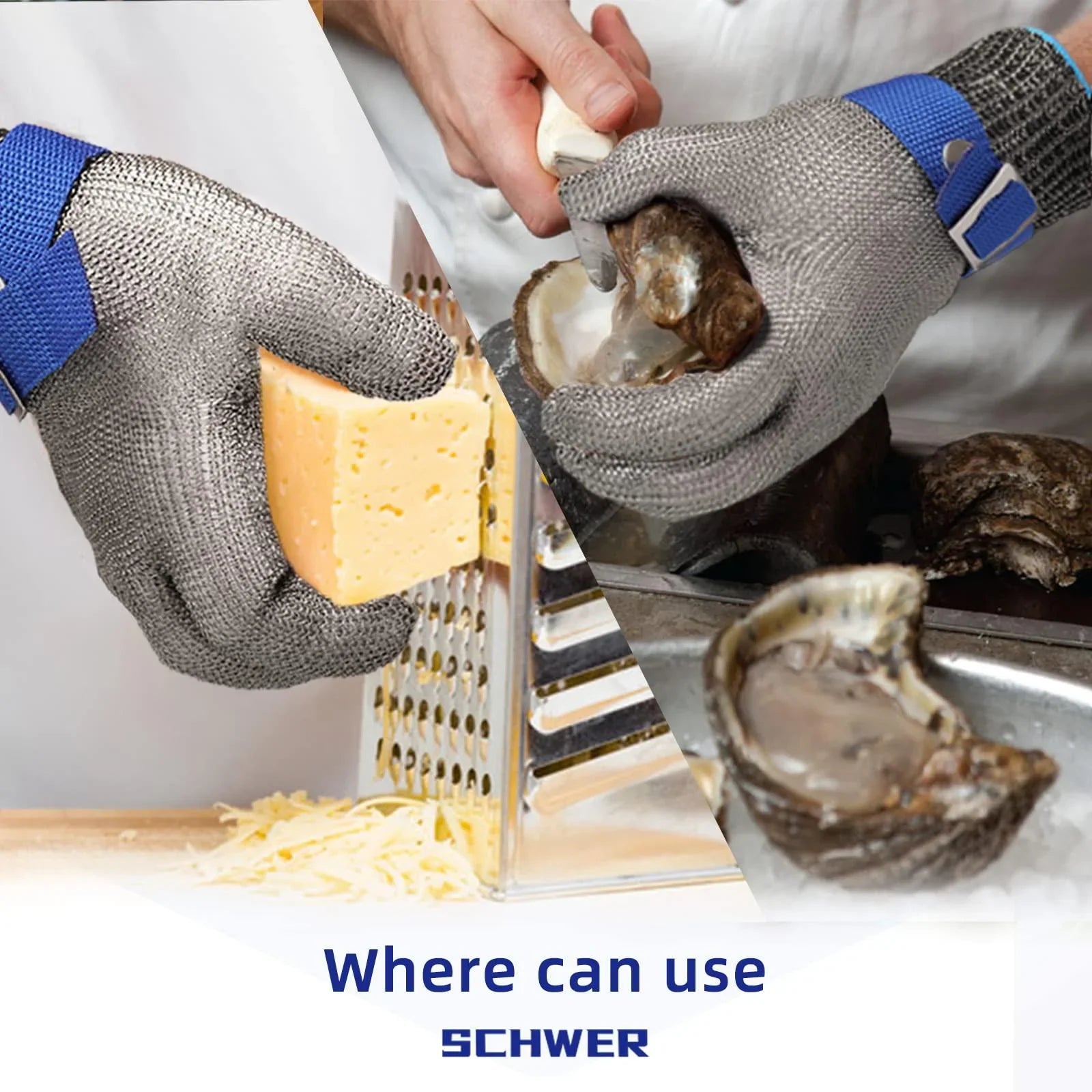 Hands wearing cut-resistant gloves grating cheese and shucking oysters demonstrating glove use