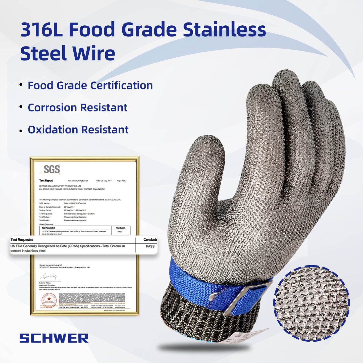 316L food grade stainless steel wire mesh glove with blue strap, corrosion and oxidation resistant