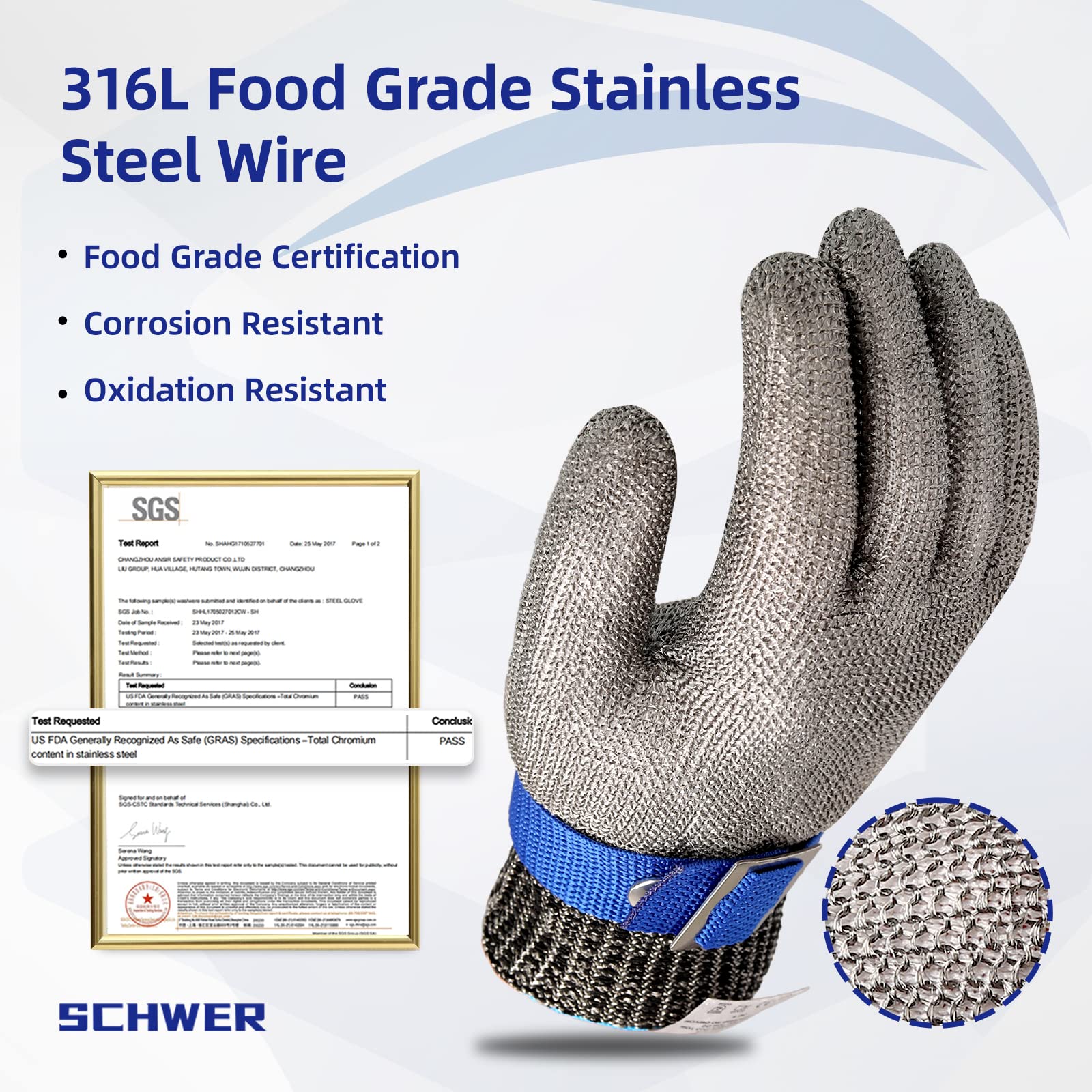 316L food grade stainless steel wire mesh glove with blue strap, corrosion and oxidation resistant