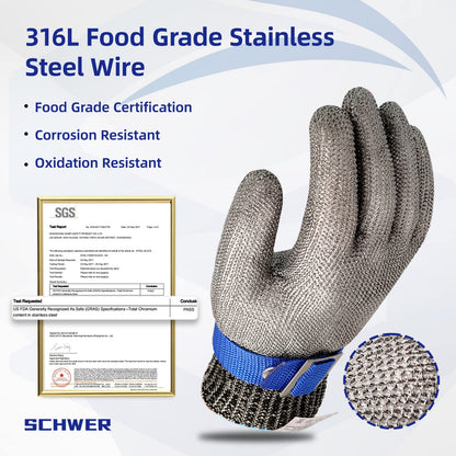 316L food grade stainless steel wire mesh glove with blue strap, corrosion and oxidation resistant