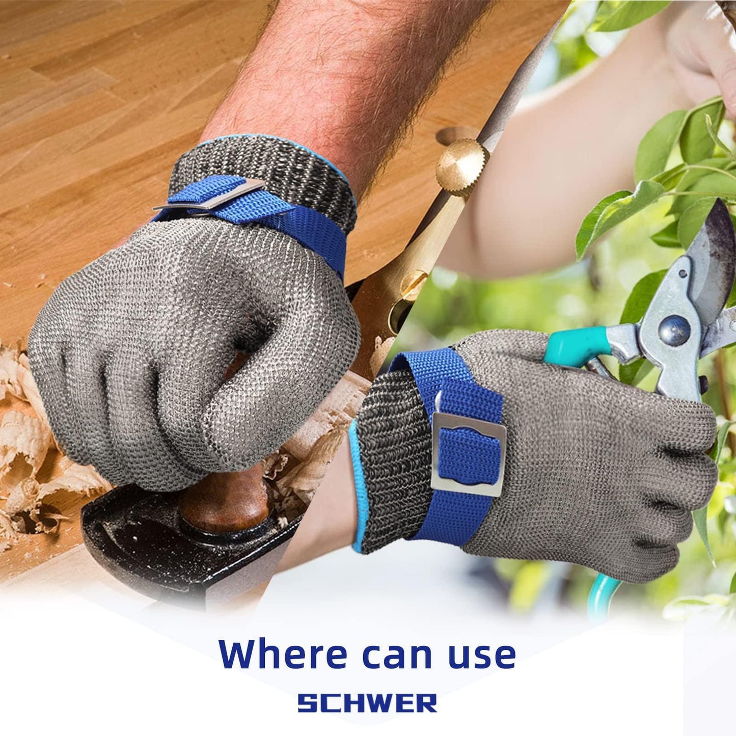 Cut-resistant gloves with blue strap used for wood working and gardening pruning tasks