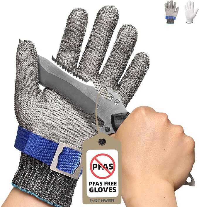 A stainless steel wire mesh glove designed for cut resistance, displayed alongside a knife to show its protective quality. A tag on the image indicates 'PFAS Free Gloves'.