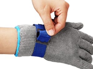 Gray cut-resistant glove with blue strap being worn on a white background