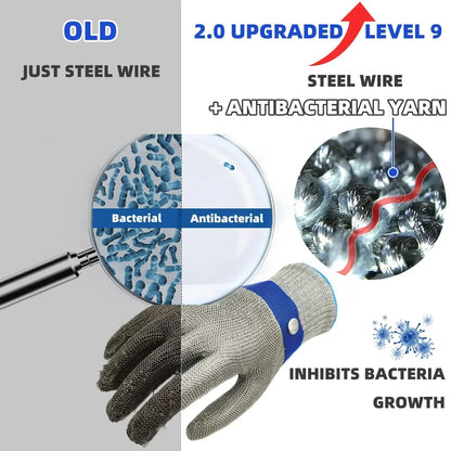 Comparison of old and upgraded steel wire gloves with antibacterial yarn, showing bacterial inhibition.