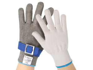Pair of cut-resistant gloves with white gloves on a white background