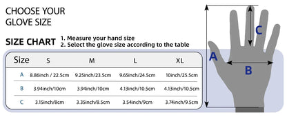 Glove size chart with measurement guide and hand illustration