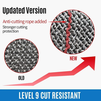 Comparison of old and new rope material with an arrow indicating improvement and 'Level 9 Cut Resistant' text.