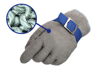 Gray work glove with blue strap and inset showing fabric texture