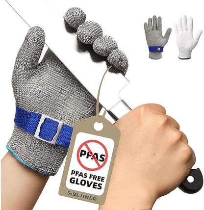 Metallic cut-resistant glove with a 'PFAS Free Gloves' tag, held by a hand.