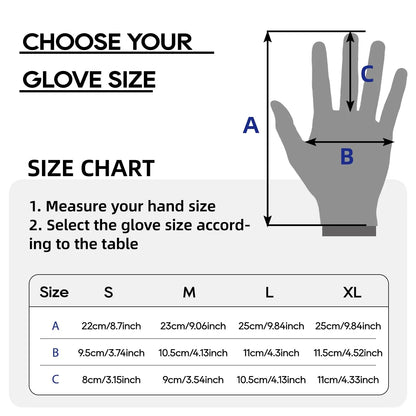 Glove size chart with hand measurement guide showing dimensions A, B, C for sizes S, M, L, XL in cm and inches
