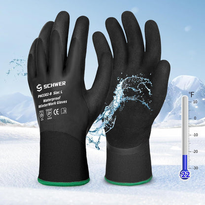 Black waterproof Schwer winter work gloves with water splash in snowy cold background and -22°F thermometer