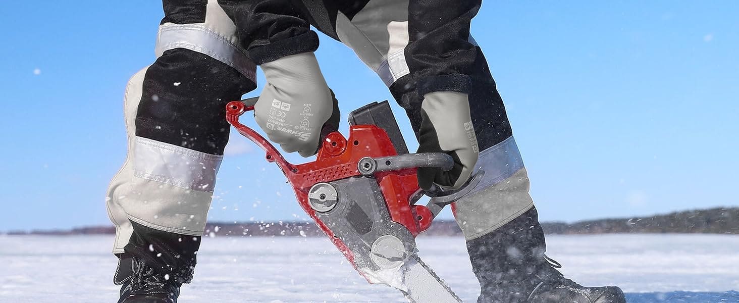 A person is using a chainsaw to cut through ice