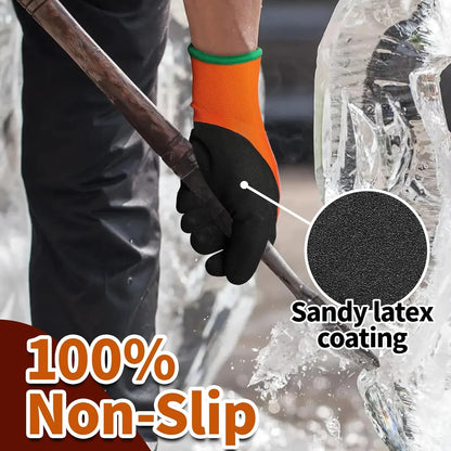 Close-up of hand wearing orange and black non-slip glove with sandy latex coating using tool on ice block