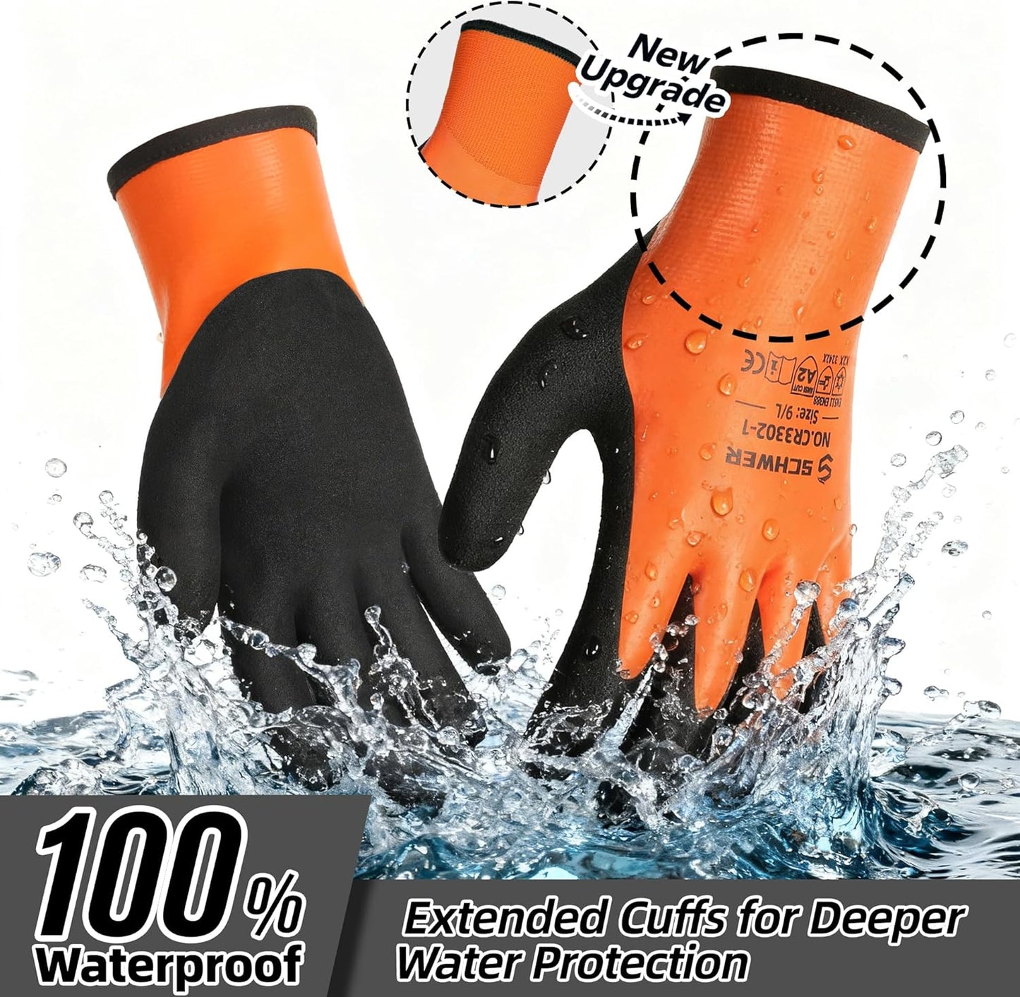 Orange and black gloves with extended cuffs, shown in water, labeled as 100% waterproof.