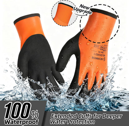 Orange and black gloves with extended cuffs, shown in water, labeled as 100% waterproof.
