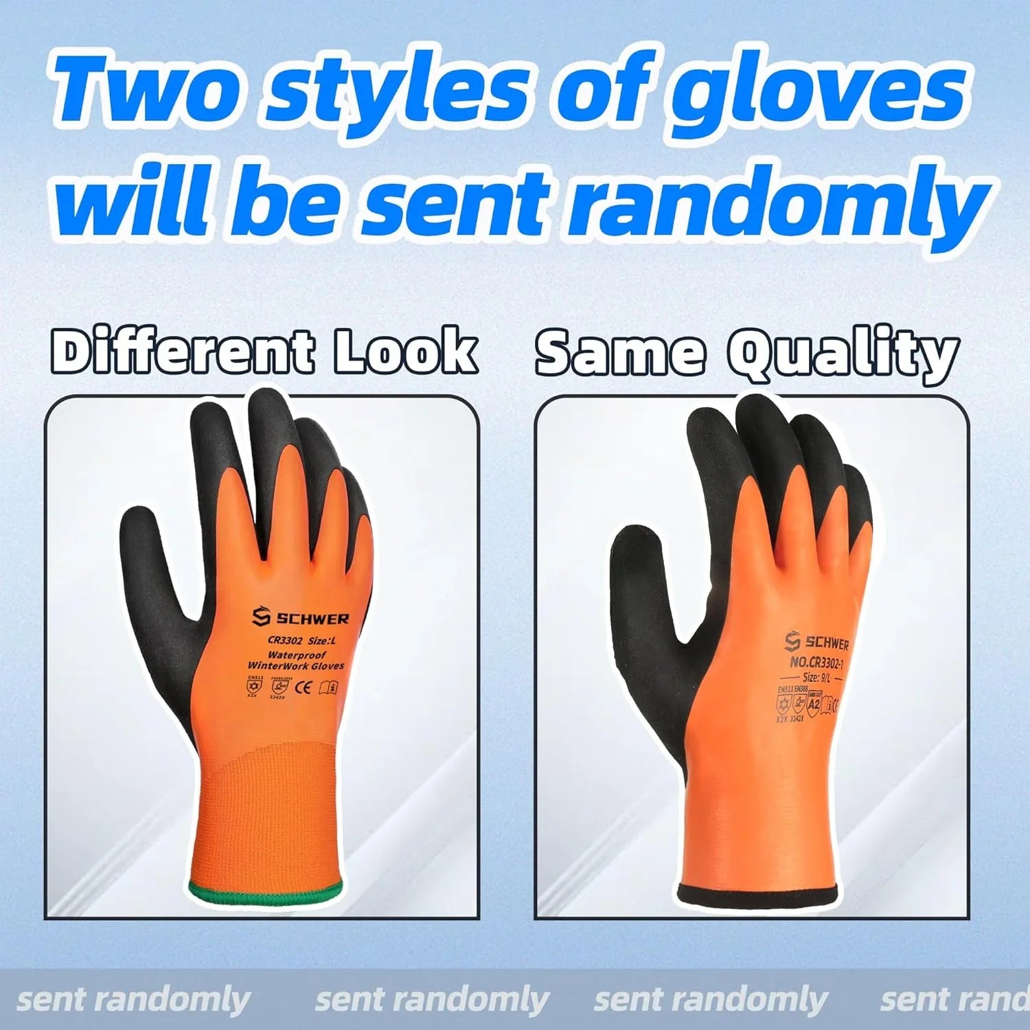 Two pairs of orange gloves with black cuffs on a light blue background, labeled 'Different Look' and 'Same Quality'.