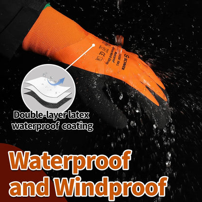 Orange and black waterproof, windproof work gloves with double-layer latex coating under water splash