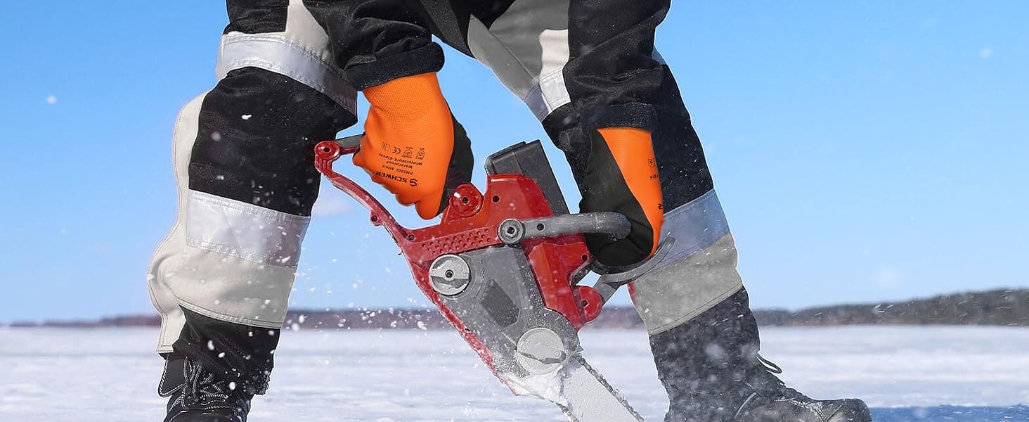 Person using a ice cleaver on a frozen surface with a clear blue sky.