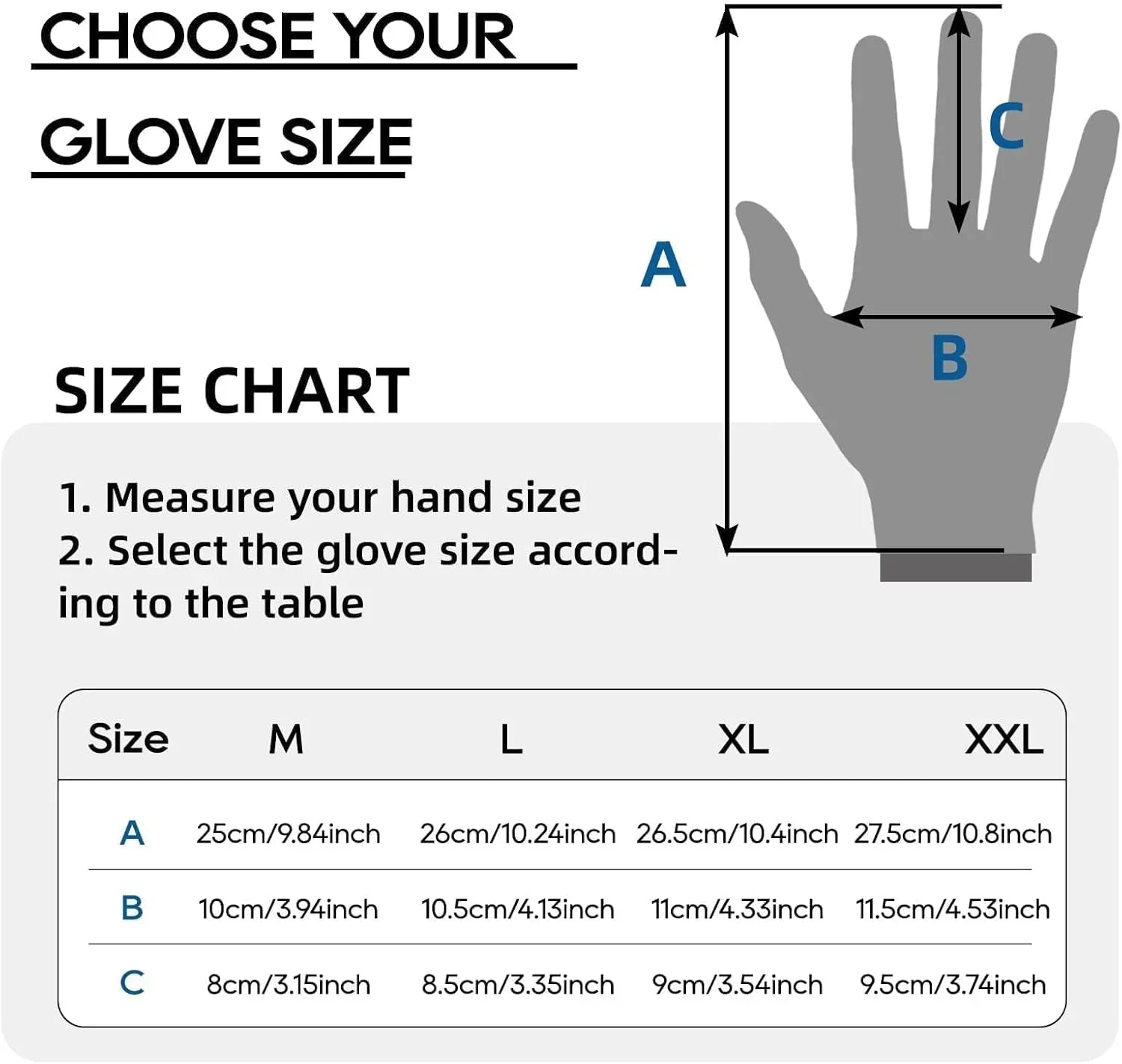 Glove size chart with hand measurement guide and size options.