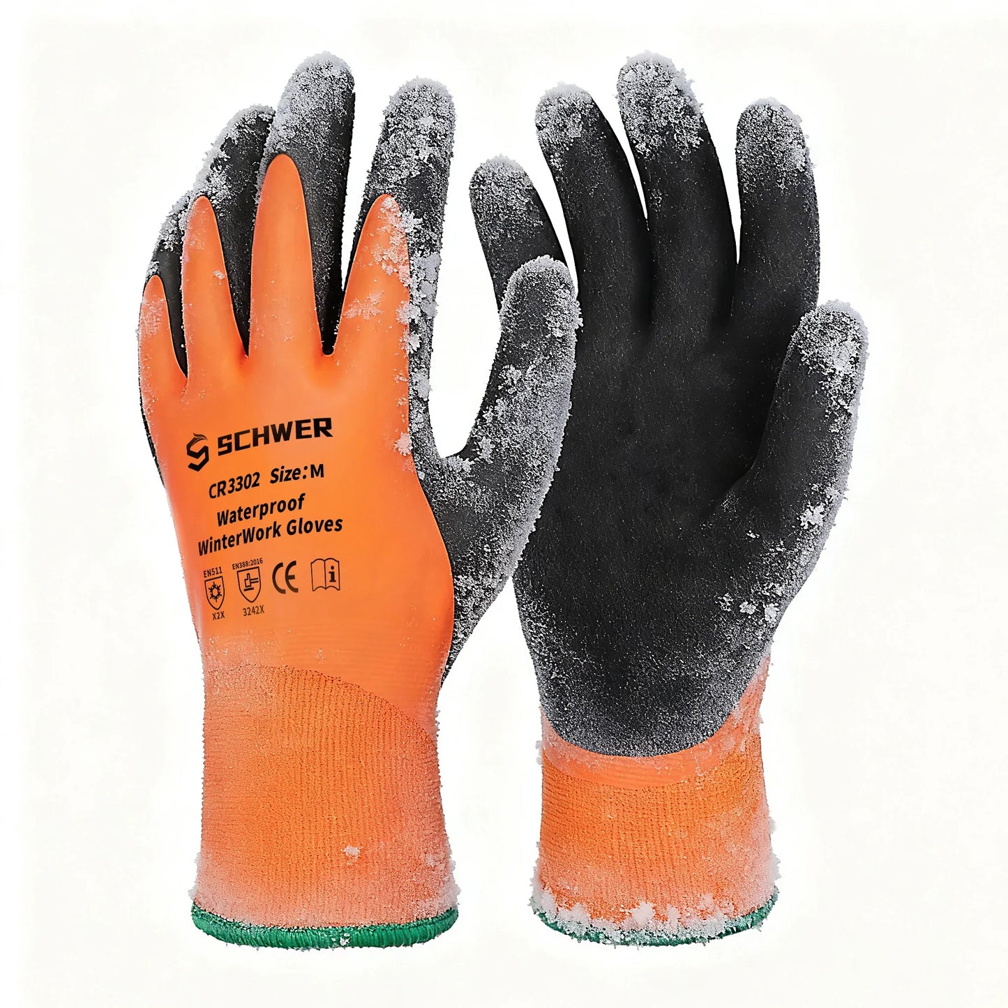 Pair of orange and black Schwer waterproof winter work gloves covered in frost