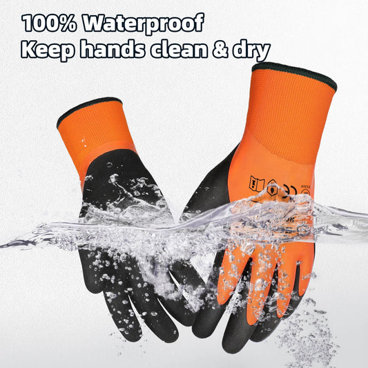 Pair of waterproof orange and black work gloves with water splashing, keeping hands clean and dry