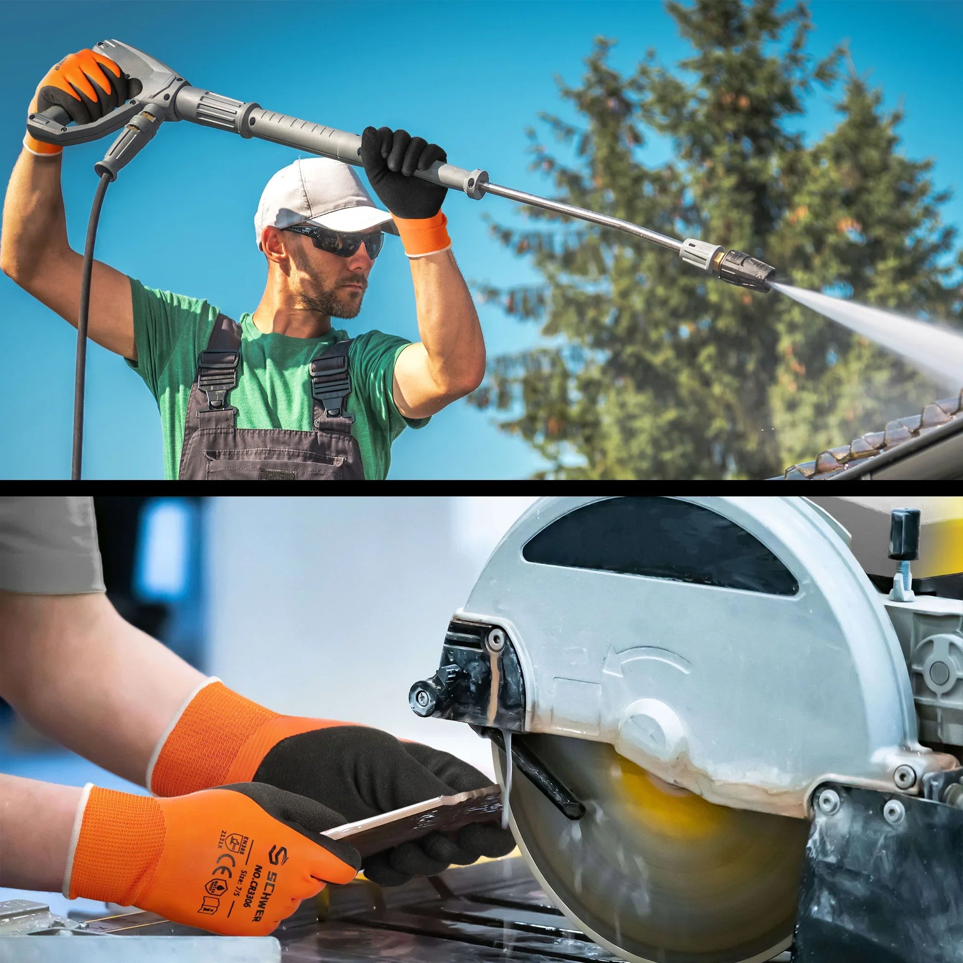 Man using pressure washer outdoors and close-up of hands cutting tile with wet saw wearing orange gloves