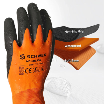 Waterproof orange and black Schwer work glove with non-slip grip and soft base layers shown