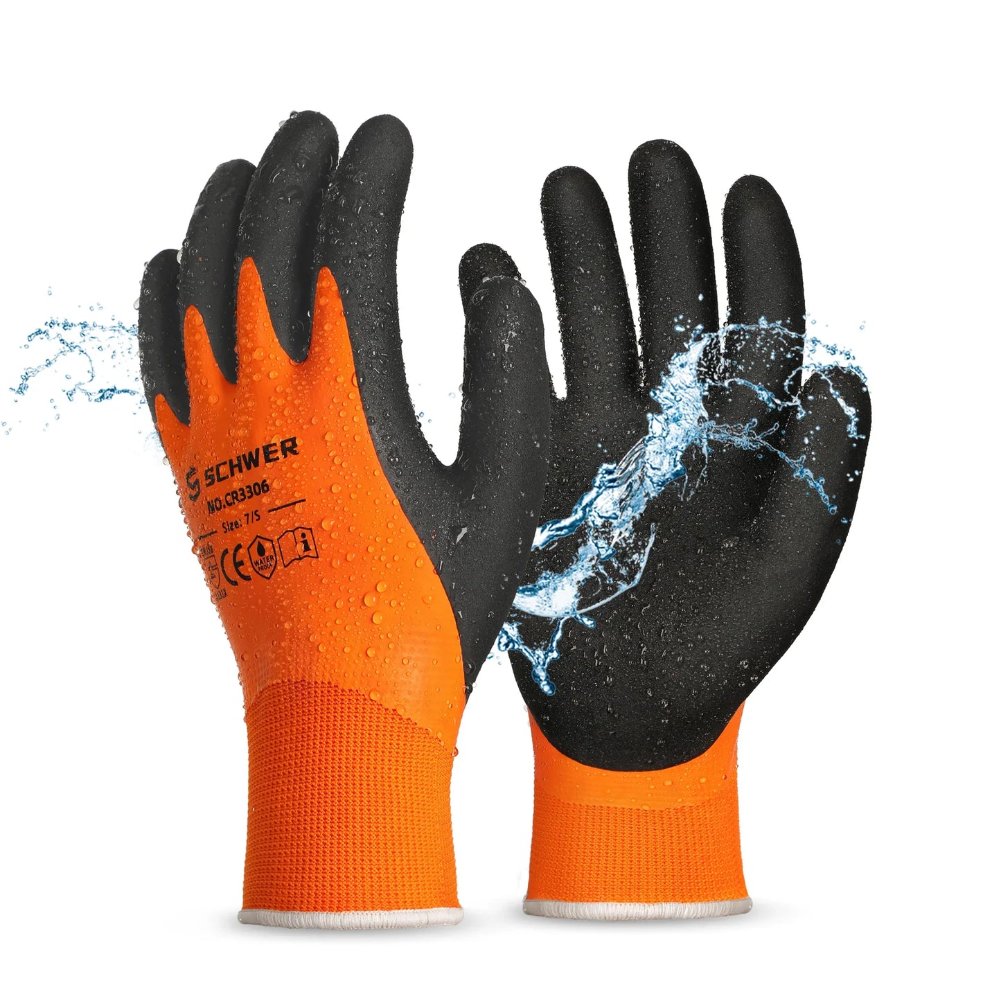 Waterproof orange and black work gloves with water splash and protective coating