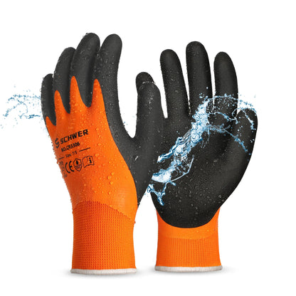 Waterproof orange and black work gloves with water splash and protective coating