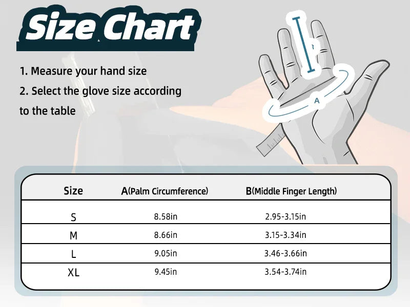 Glove size chart with measurement guide and table for selecting glove size