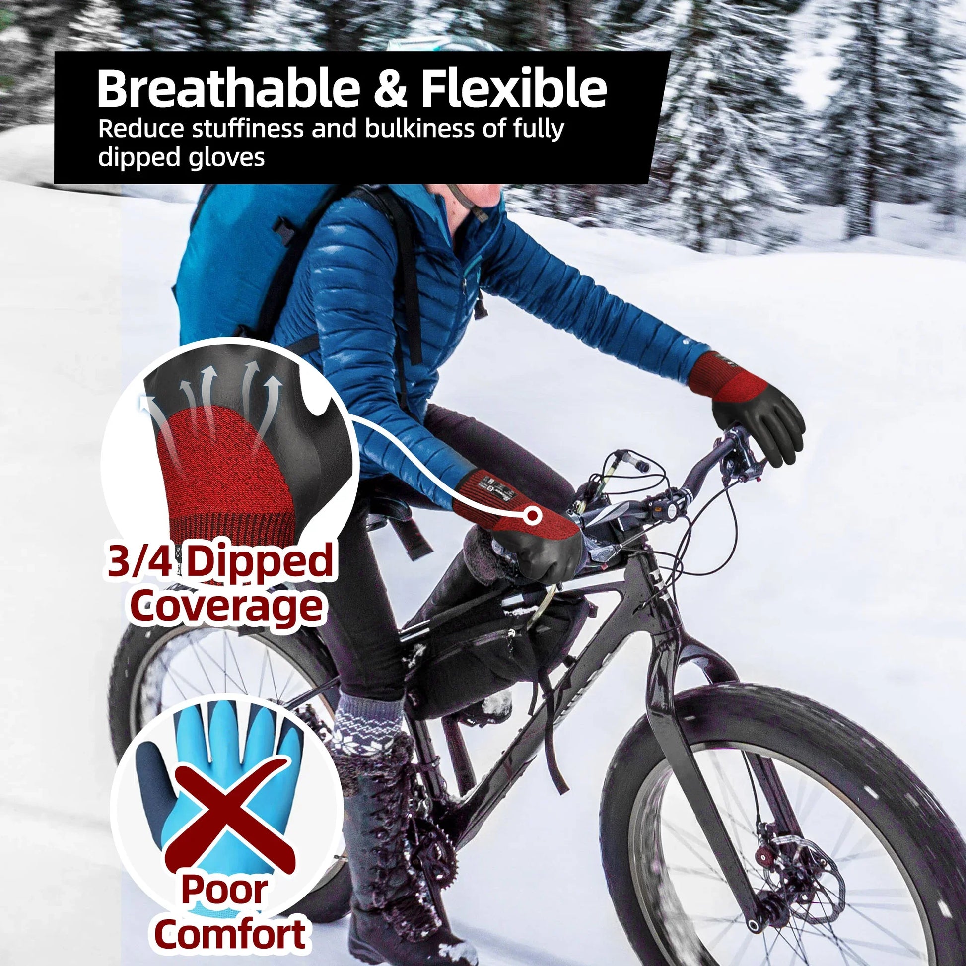 Cyclist wearing breathable, flexible 3/4 dipped gloves riding a fat bike in snowy forest