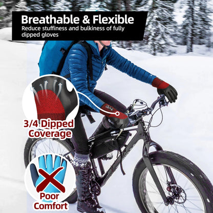 Cyclist wearing breathable, flexible 3/4 dipped gloves riding a fat bike in snowy forest