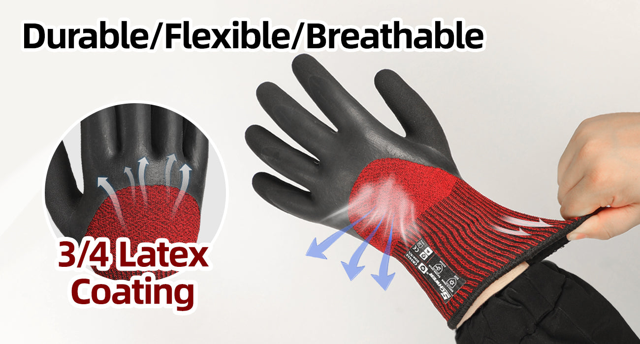 Black glove with red interior, showing durability, flexibility, and breathability features.