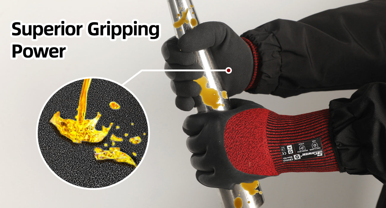 Person wearing gloves gripping a tool with close-up of textured surface and 'Superior Gripping Power' text.