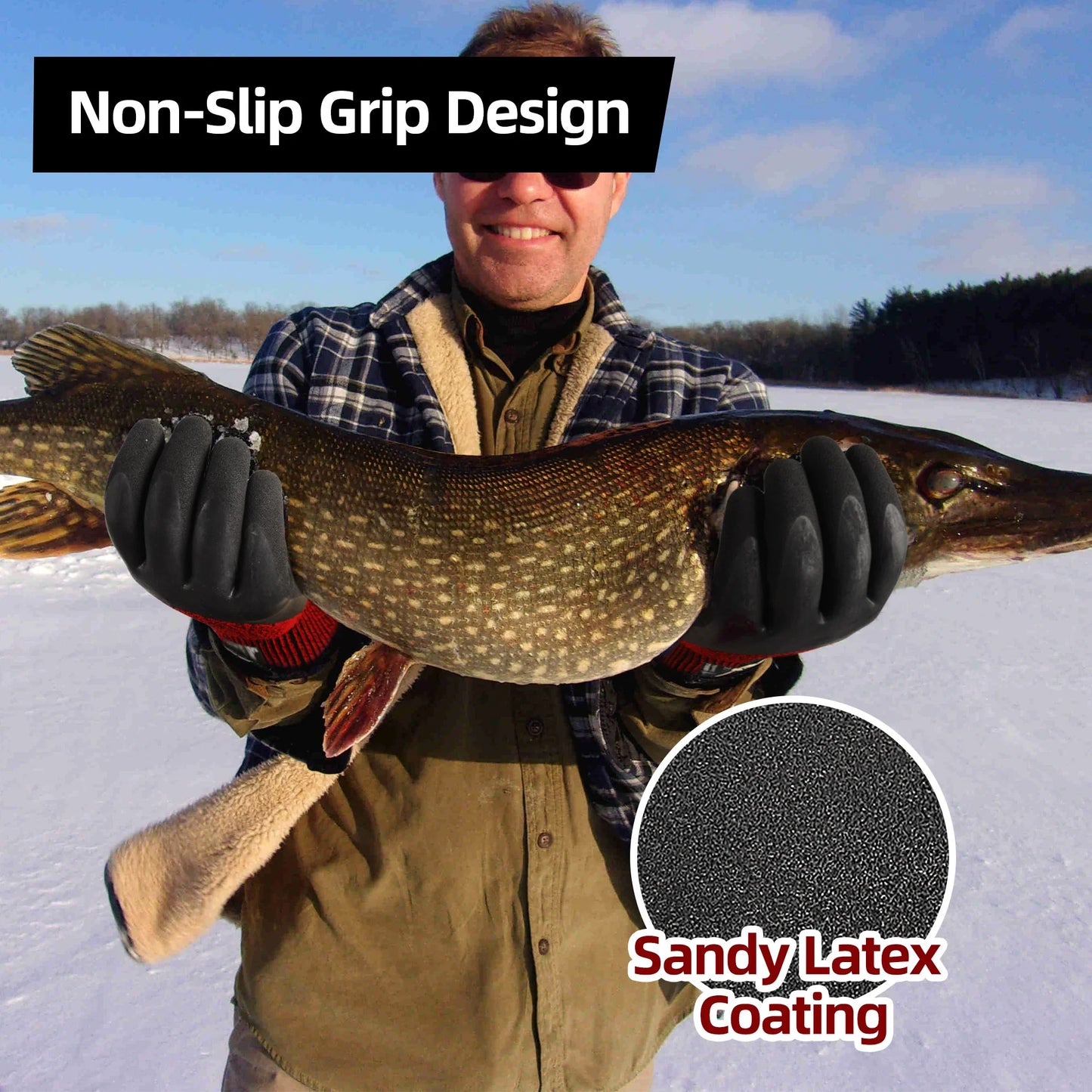 Man wearing non-slip sandy latex coated gloves holding large fish on snowy lake
