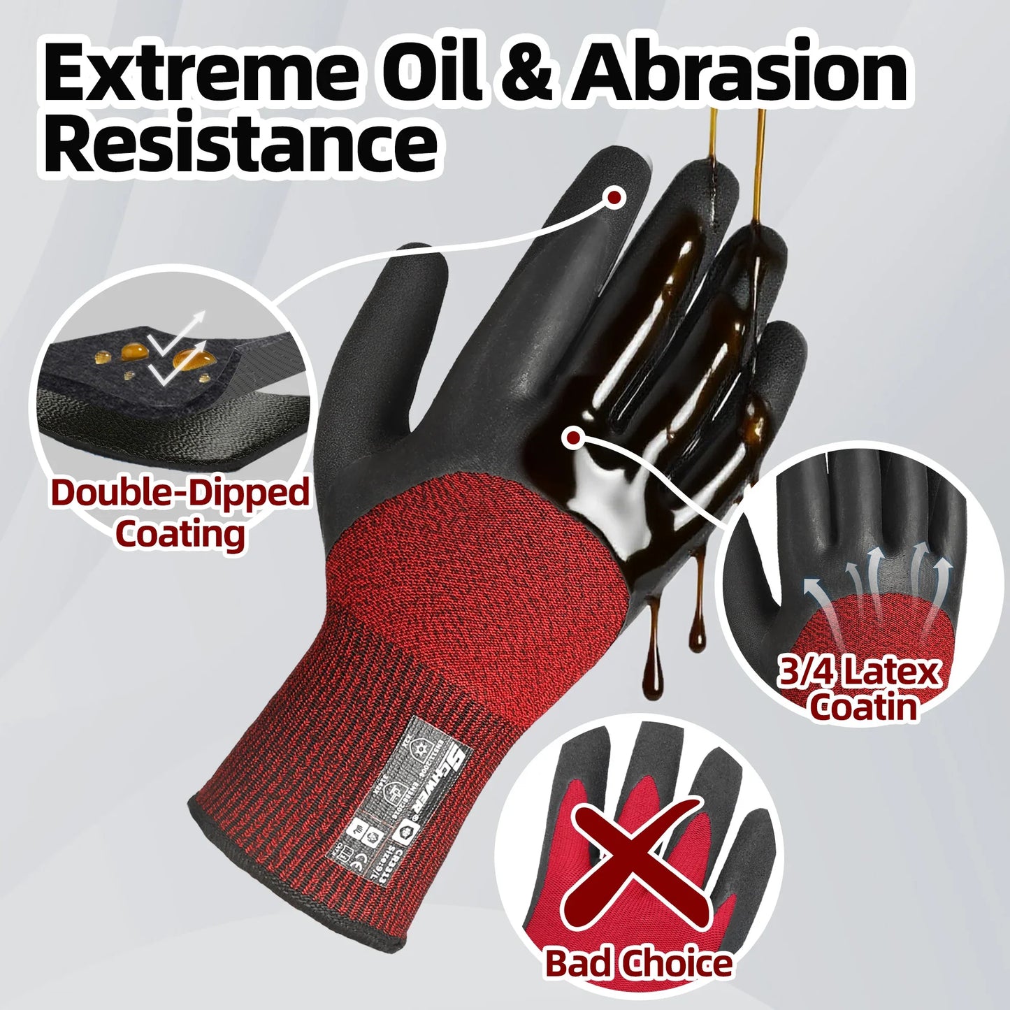 Red and black safety glove with double-dipped coating, oil resistance, and 3/4 latex coating