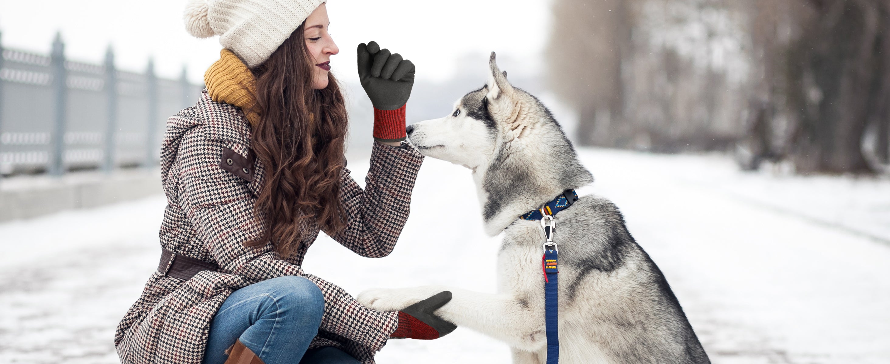 Woman in winter clothing interacting with a husky dog in a snowy setting