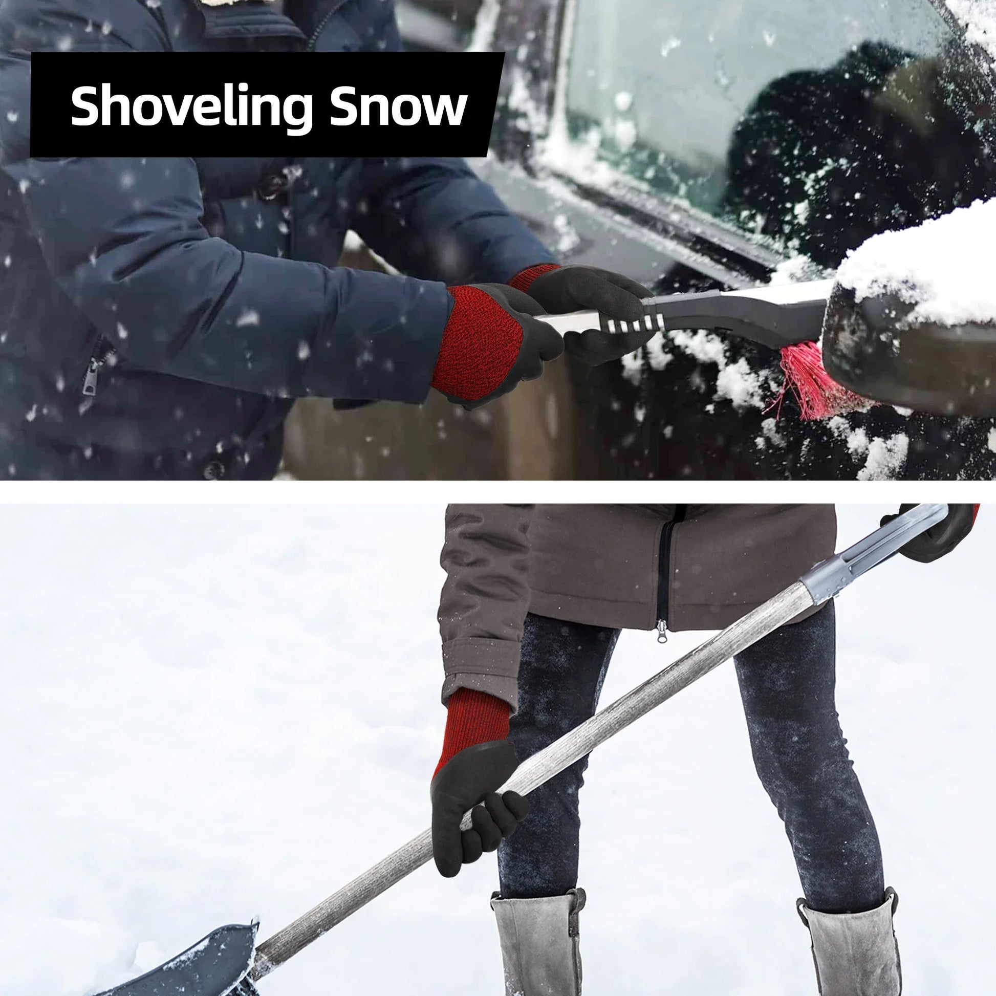 Person shoveling snow outdoors wearing winter gloves and jacket, clearing snow from car and ground