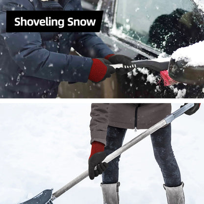Person shoveling snow outdoors wearing winter gloves and jacket, clearing snow from car and ground