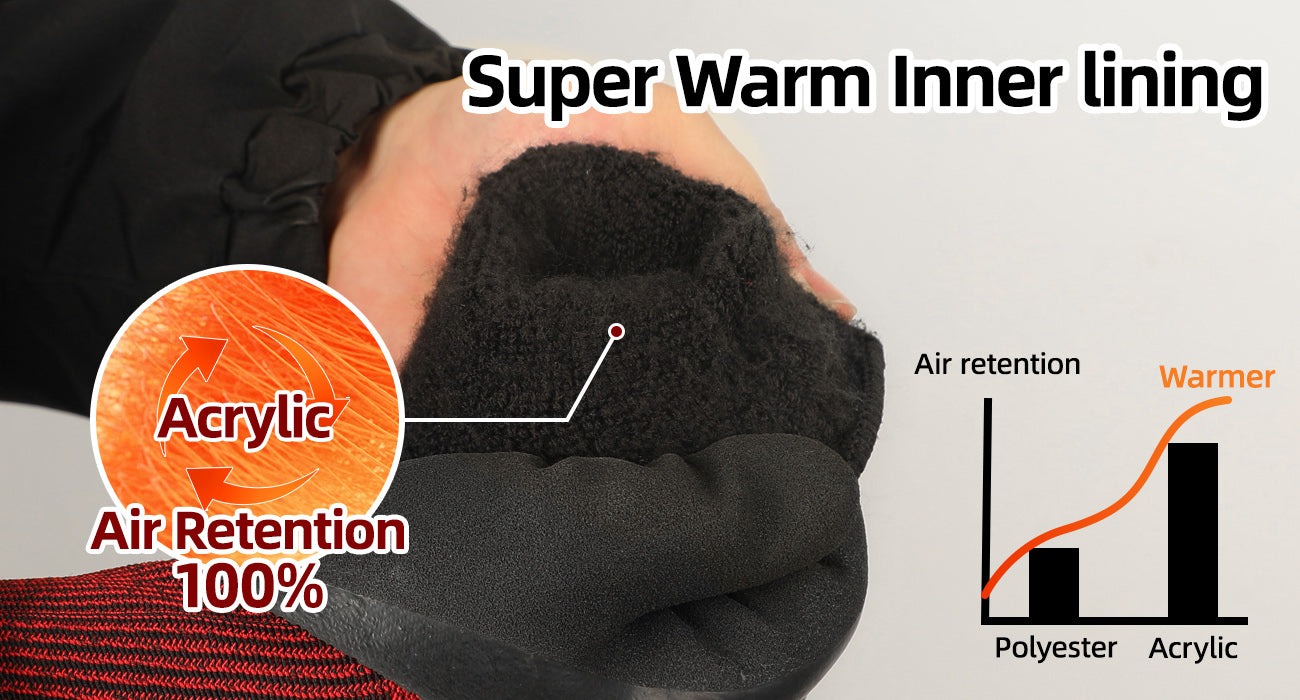 Person wearing black gloves with acrylic lining, highlighting air retention properties.